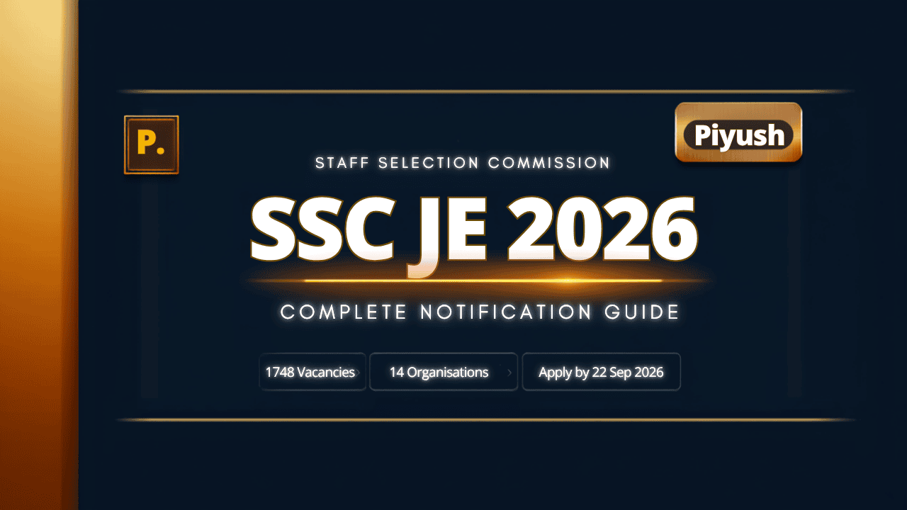 SSC JE 2026 notification banner - Junior Engineer Examination 2026, 1748 vacancies across 14 organisations, complete guide by PiyushAI