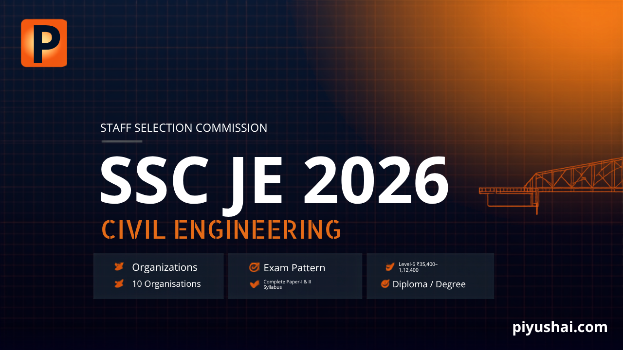 SSC JE Civil 2026 banner - Junior Engineer Civil Engineering, Part-A syllabus, eligibility and exam pattern guide by PiyushAI